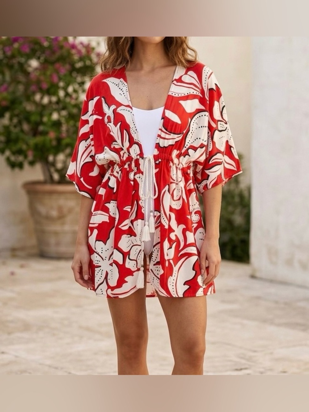 Zingara Red White Floral Kimono Beach Cover Up Dress Size M/L Resortwear Boho